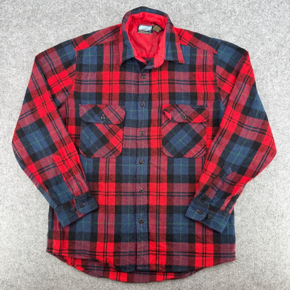 Vintage Plaid Red Blue Quilted Lined Button Down Fieldmaster Wool Shirt Mens M